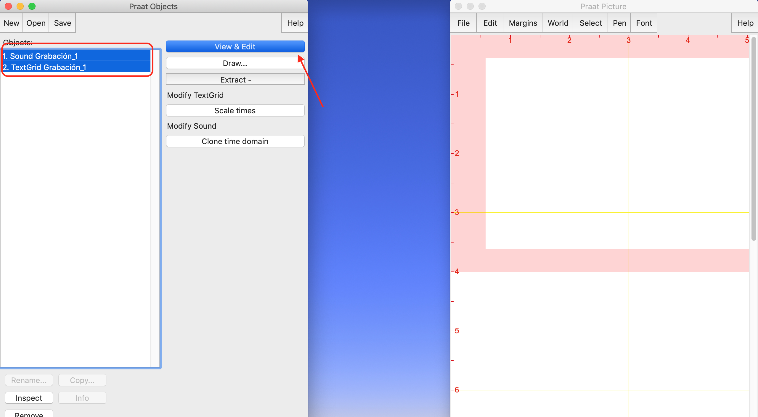 Seleccionar Sound + TextGrid y abrir el editor