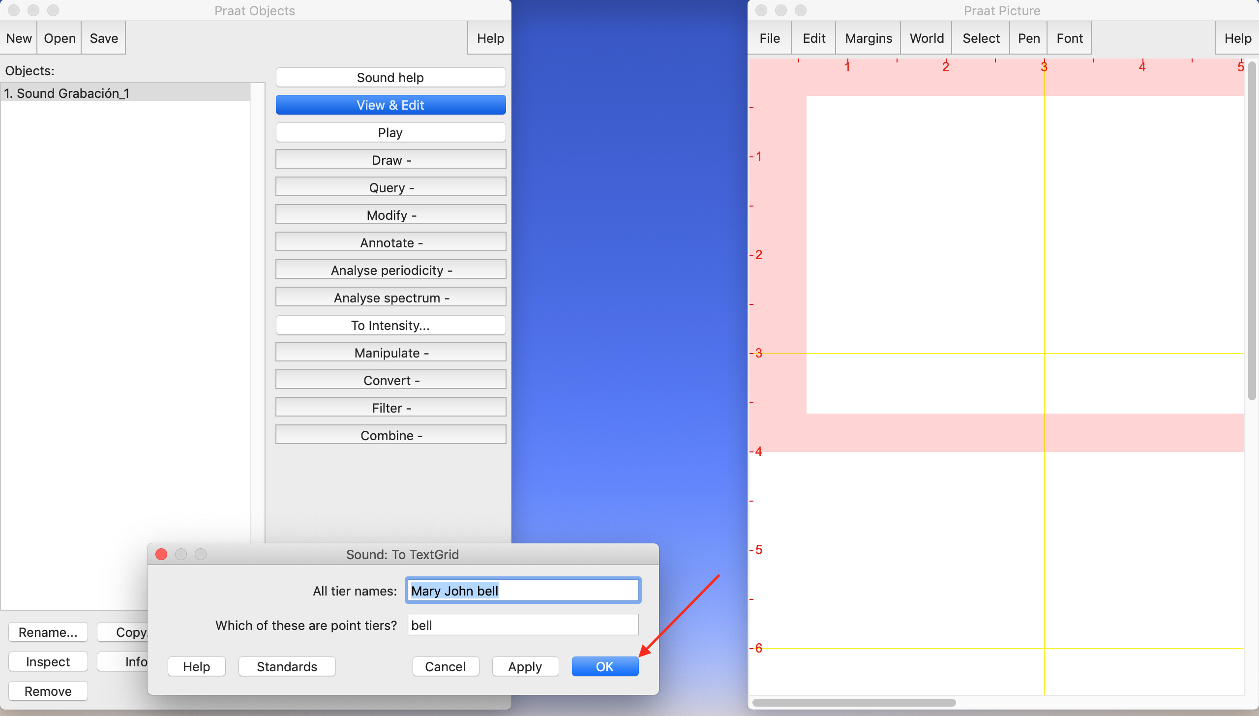 Diálogo To TextGrid con nombres de tiers